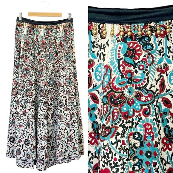 Coldwater Creek Size Medium Maxi Skirt Beaded Trim Peasant Boho Black Red Aqua - Picture 1 of 11